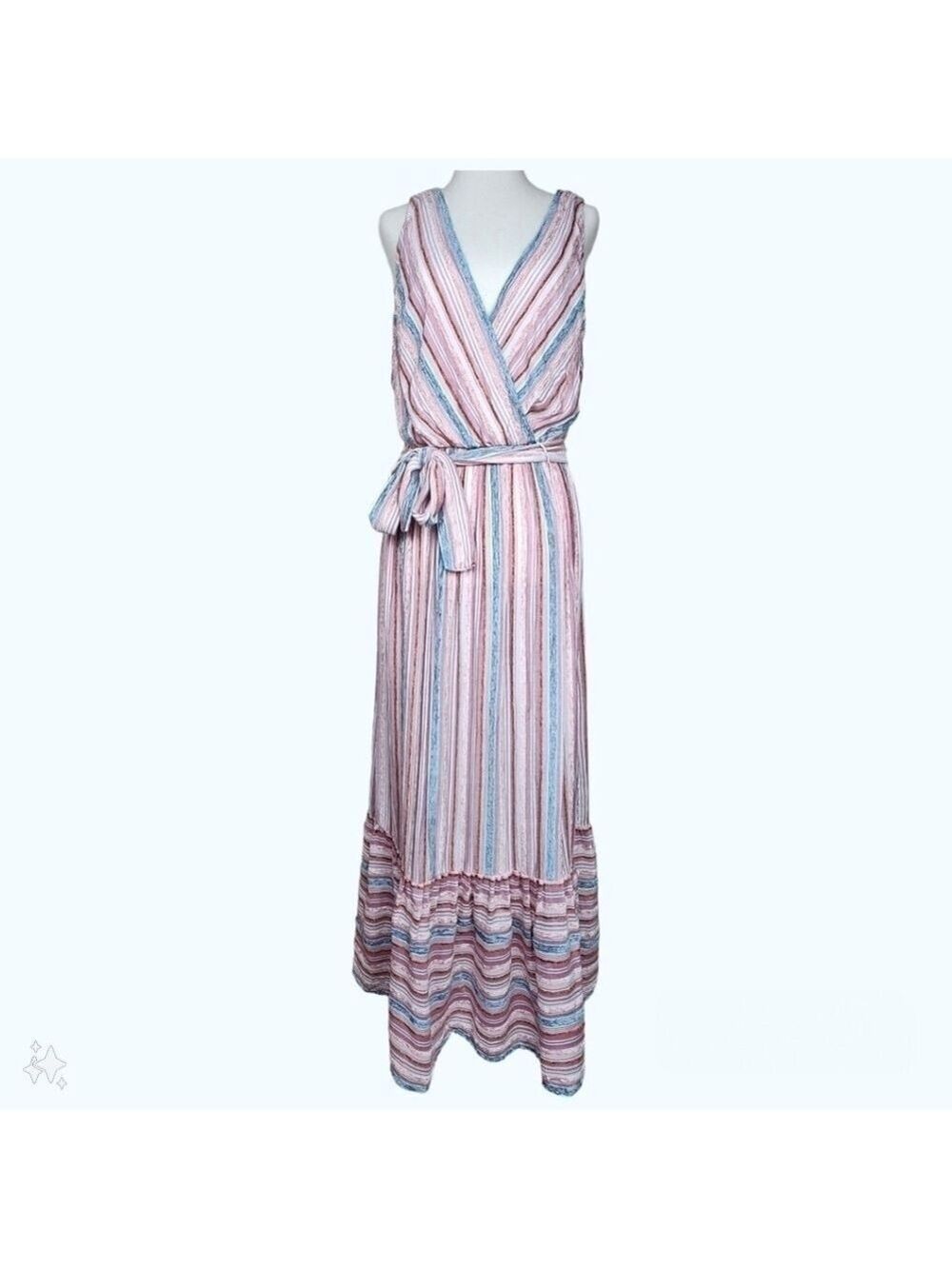 Sleeveless Striped Tiered Wrap Style Belted Velvet Maxi Dress w Pockets 8 - Picture 4 of 13